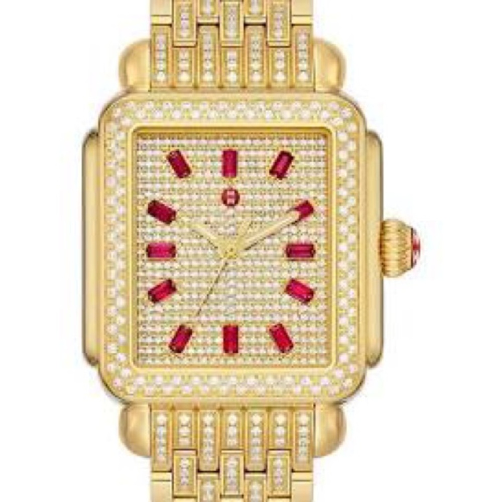 STUNNING LIMITED EDITION MICHELE DECO RUBY DIAMOND GOLD WATCH WITH BOX & TAGS